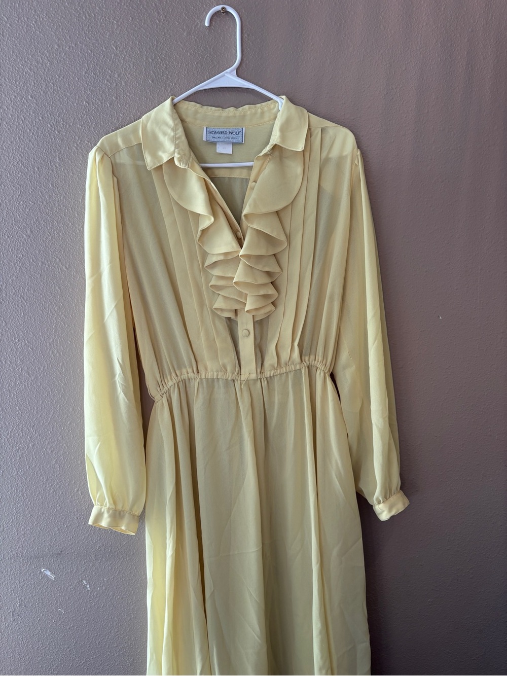 Yellow Ruffle Front Long Sleeve Dress